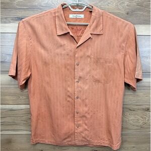 Tommy Bahama Shirt Men's Large Peach 100% Silk Short‎ Sleeve Collared Button-Up